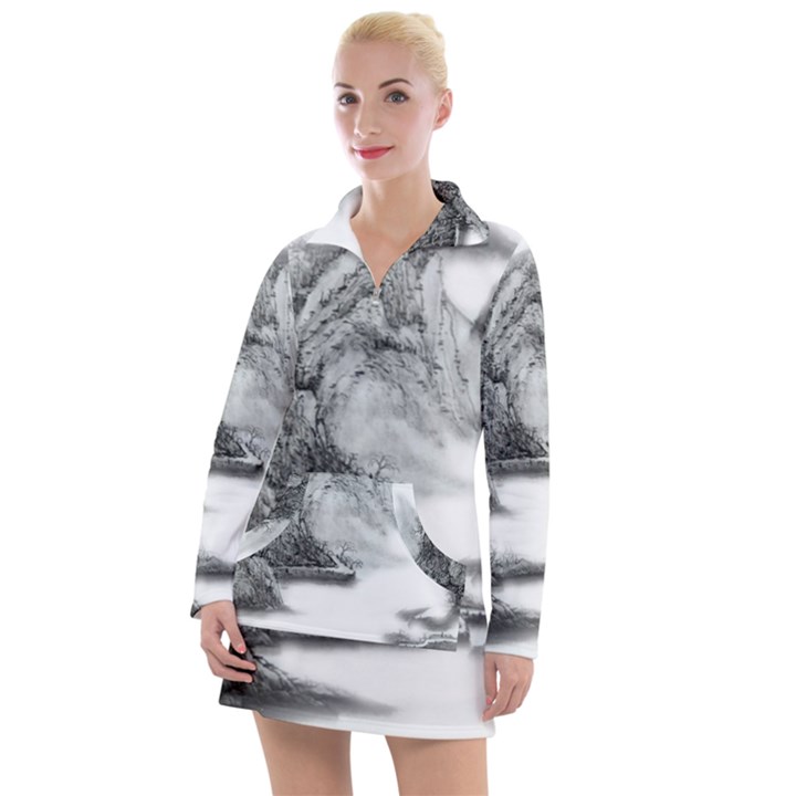 Ink-wash-painting-mountain-rolling-mountains Women s Long Sleeve Casual Dress