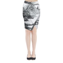 Ink-wash-painting-mountain-rolling-mountains Midi Wrap Pencil Skirt