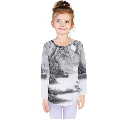 Ink-wash-painting-mountain-rolling-mountains Kids  Long Sleeve Tee by Jancukart