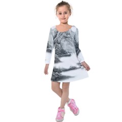 Ink-wash-painting-mountain-rolling-mountains Kids  Long Sleeve Velvet Dress