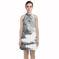 Ink-wash-painting-mountain-rolling-mountains Velvet Halter Neckline Dress 