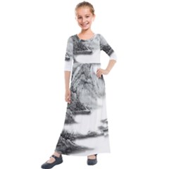 Ink-wash-painting-mountain-rolling-mountains Kids  Quarter Sleeve Maxi Dress by Jancukart