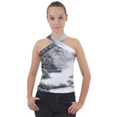 Ink-wash-painting-mountain-rolling-mountains Cross Neck Velour Top