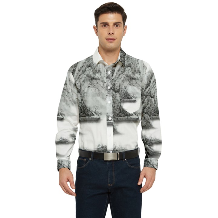 Ink-wash-painting-mountain-rolling-mountains Men s Long Sleeve Pocket Shirt 