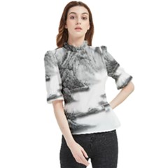 Ink-wash-painting-mountain-rolling-mountains Frill Neck Blouse