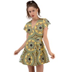 Motif-circle-vintage-circular-pattern Flutter Sleeve Wrap Dress