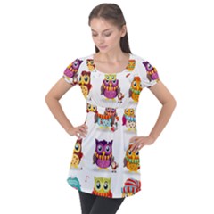 Cartoon-cute-owl-vector Puff Sleeve Tunic Top