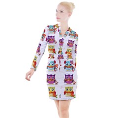 Cartoon-cute-owl-vector Button Long Sleeve Dress