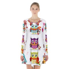 Cartoon-cute-owl-vector Long Sleeve Velvet V-neck Dress