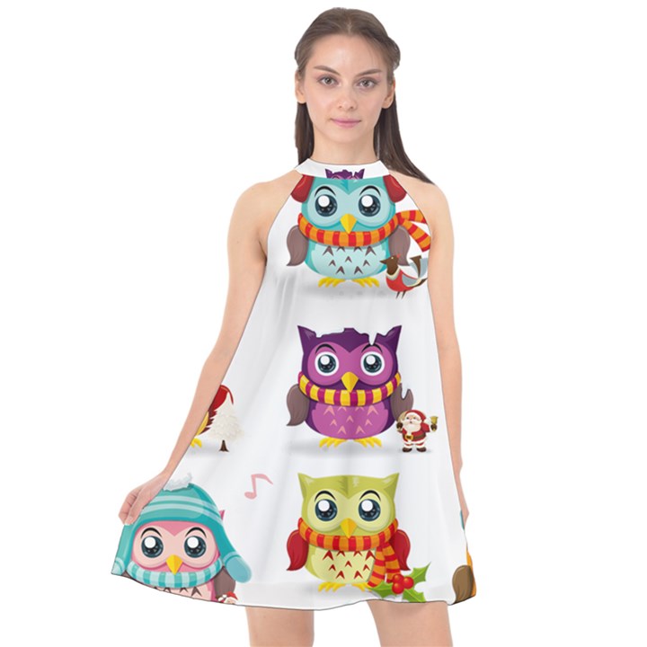 Cartoon-cute-owl-vector Halter Neckline Chiffon Dress 