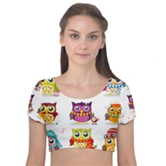 Cartoon-cute-owl-vector Velvet Short Sleeve Crop Top 