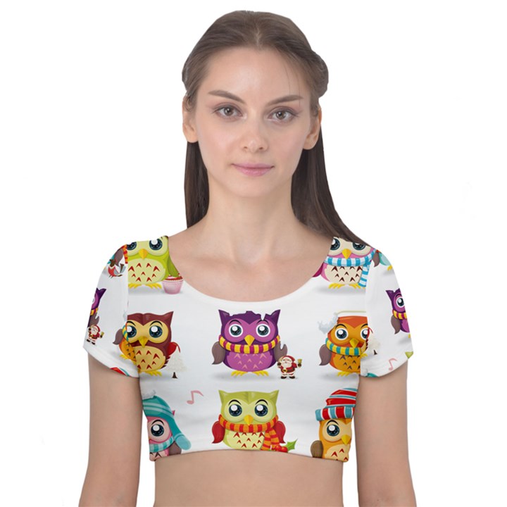 Cartoon-cute-owl-vector Velvet Short Sleeve Crop Top 