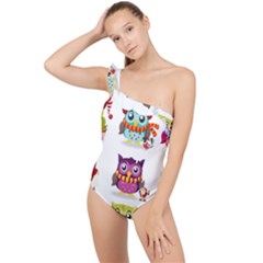 Cartoon-cute-owl-vector Frilly One Shoulder Swimsuit