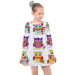 Cartoon-cute-owl-vector Kids  Long Sleeve Dress by Jancukart