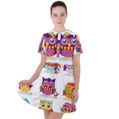 Cartoon-cute-owl-vector Short Sleeve Shoulder Cut Out Dress 