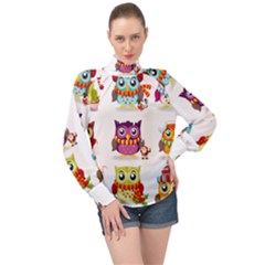 Cartoon-cute-owl-vector High Neck Long Sleeve Chiffon Top