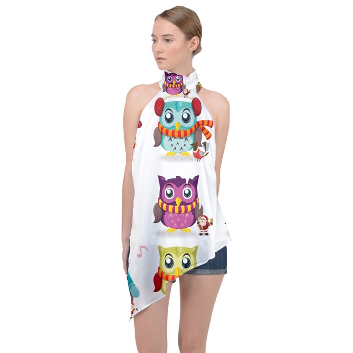 Cartoon-cute-owl-vector Halter Asymmetric Satin Top