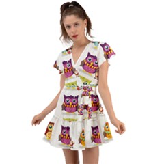 Cartoon-cute-owl-vector Flutter Sleeve Wrap Dress