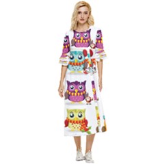 Cartoon-cute-owl-vector Double Cuff Midi Dress