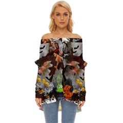 Halloween Off Shoulder Chiffon Pocket Shirt