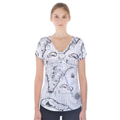 Florida-map-antique-line-art Short Sleeve Front Detail Top