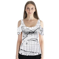 Florida-map-antique-line-art Butterfly Sleeve Cutout Tee 