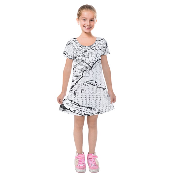 Florida-map-antique-line-art Kids  Short Sleeve Velvet Dress