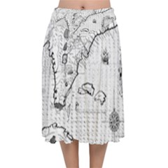 Florida-map-antique-line-art Velvet Flared Midi Skirt