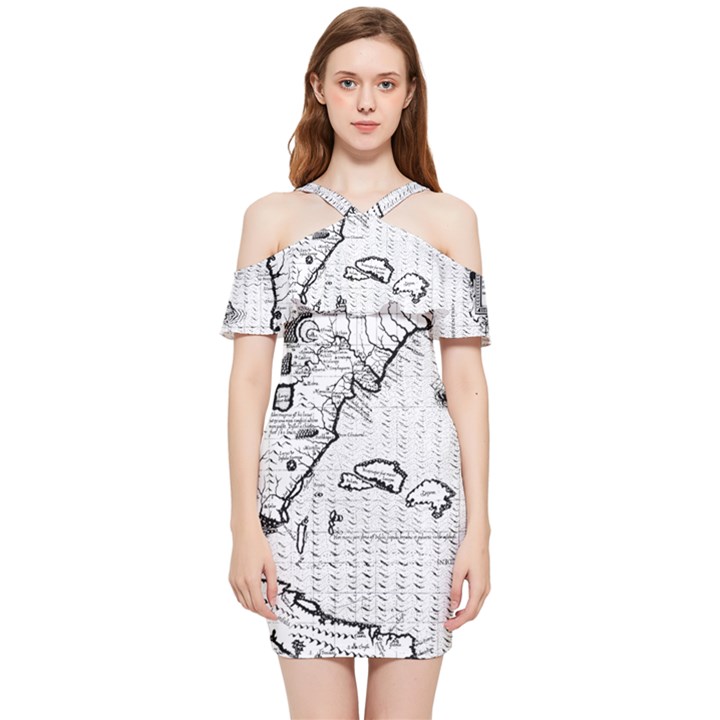 Florida-map-antique-line-art Shoulder Frill Bodycon Summer Dress