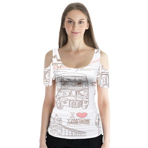 I Love London Drawing Butterfly Sleeve Cutout Tee  by Jancukart