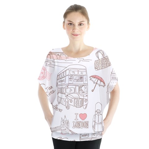 I Love London Drawing Batwing Chiffon Blouse by Jancukart