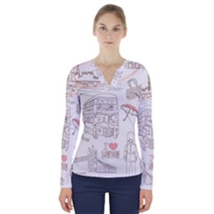 I Love London Drawing V-neck Long Sleeve Top by Jancukart