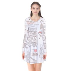 I Love London Drawing Long Sleeve V-neck Flare Dress