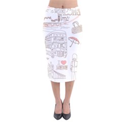 I Love London Drawing Velvet Midi Pencil Skirt