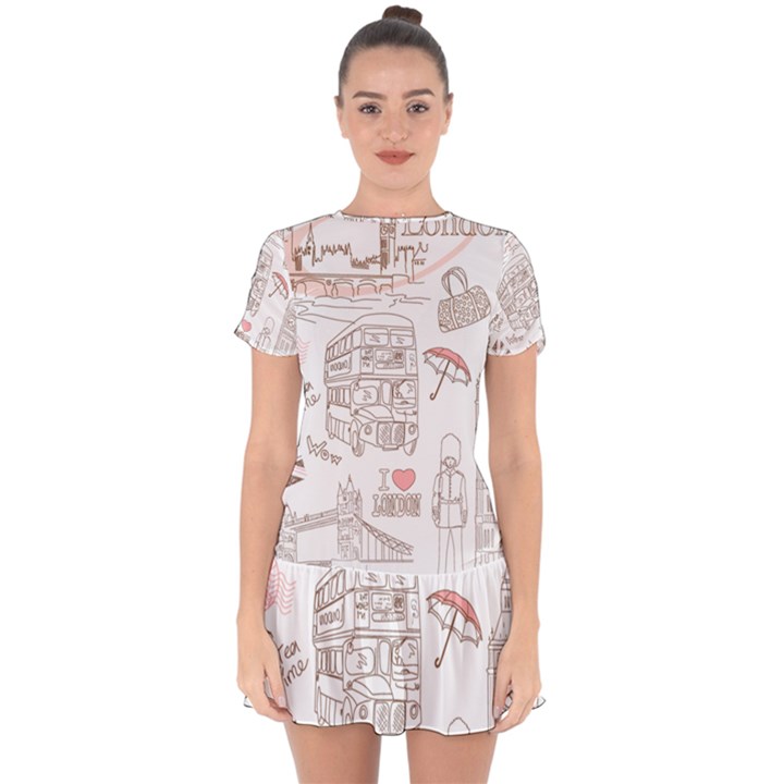 I Love London Drawing Drop Hem Mini Chiffon Dress