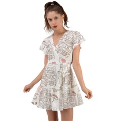 I Love London Drawing Flutter Sleeve Wrap Dress