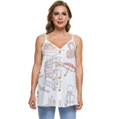 I Love London Drawing Casual Spaghetti Strap Chiffon Top