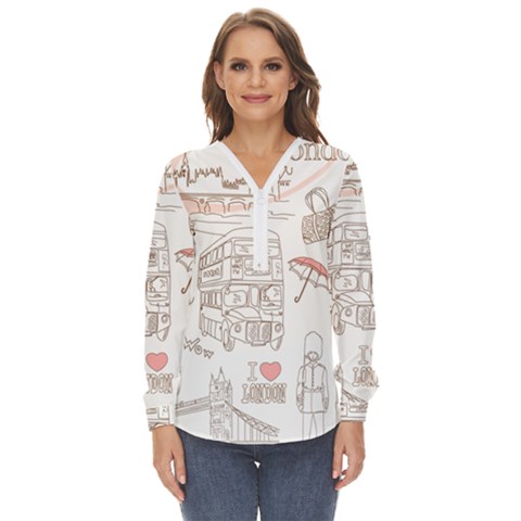 I Love London Drawing Zip Up Long Sleeve Blouse by Jancukart