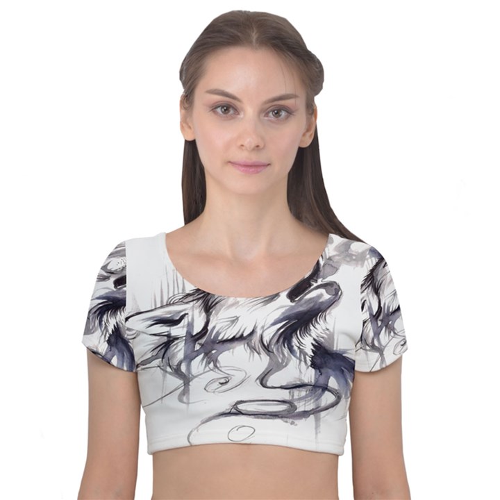 Tattoo-ink-flash-drawing-wolf Velvet Short Sleeve Crop Top 