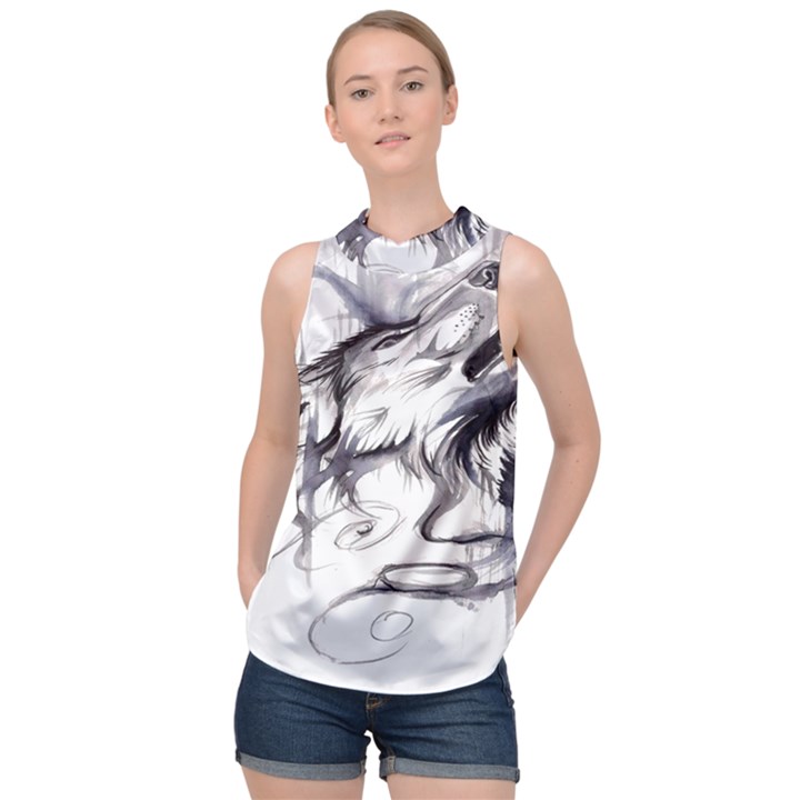 Tattoo-ink-flash-drawing-wolf High Neck Satin Top