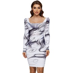 Tattoo-ink-flash-drawing-wolf Women Long Sleeve Ruched Stretch Jersey Dress