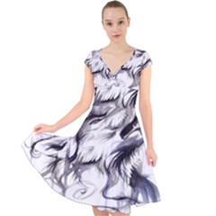 Tattoo-ink-flash-drawing-wolf Cap Sleeve Front Wrap Midi Dress