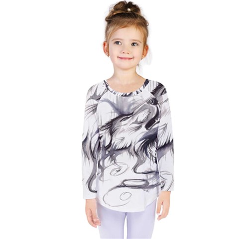 Tattoo-ink-flash-drawing-wolf Kids  Long Sleeve Tee by Jancukart