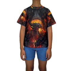 Dragon Fire Fantasy Art Kids  Short Sleeve Swimwear