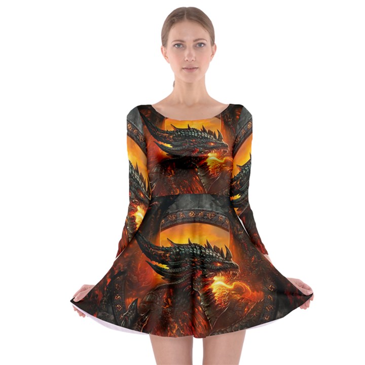 Dragon Fire Fantasy Art Long Sleeve Skater Dress