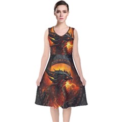 Dragon Fire Fantasy Art V-neck Midi Sleeveless Dress 