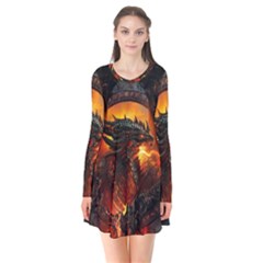 Dragon Fire Fantasy Art Long Sleeve V-neck Flare Dress