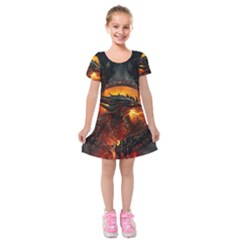 Dragon Fire Fantasy Art Kids  Short Sleeve Velvet Dress