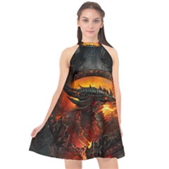 Dragon Fire Fantasy Art Halter Neckline Chiffon Dress 