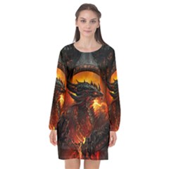 Dragon Fire Fantasy Art Long Sleeve Chiffon Shift Dress  by Jancukart